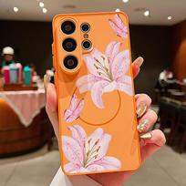 Floral Pattern Case For Samsung S26 Edge S25 FE S24 Plus S23 S22 Ultra A15 A16 A17 A35 A36 A37 A54 A55 A56 A57 5G Magnetic Hybrid Matte Cover Samsung S26 oranžinė