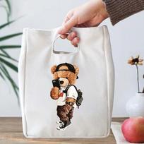 Teddy Bear Printing Lunch Bags Women Men Portable Insulated Tote Bags Selfie Bear Graphics Thermal Foods Eco Kids Lunch Bags smėlis