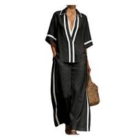 Color Block 2 Piece Sets for Women Short Sleeve Deep V Neck Shirts And Wide Leg Pants Summer Lounge Outfits XXL juoda