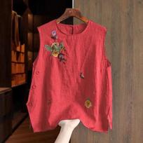 women dragonfly floral embroidery linen sleeveless top round neck casual loose fit blouse M raudona