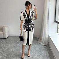 Women Elegant Floral Print Kimono Robe Midi Dress with Waist Tie L juoda balta spalva