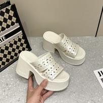 Fashion 10CM Microfiber Leather Breathable Sandals Flats Hollow High Brand Shoes Round Toe Summer Women Slipper Slip on Platform Wedge 33 smėlis