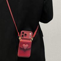 Wine Red Heart Card Holder Phone Case for iPhone 17 Pro Max & Apple 16 Pro, with Lanyard and Card Slot. iPhone 15 Plus