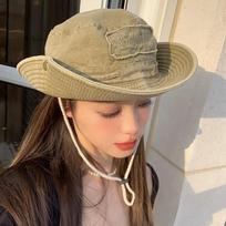 Adjustable Western Cowboy Hat Hiking Bucket Hat Vintage Outdoor Sun Hat  for Men Women chaki