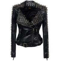 Didelio dydžio kniedėmis puošta patchwork odinė motociklininko striukė - Moteriška ilgomis rankovėmis punk roko viršutinė apranga 6XL juoda