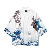 Vintage Wave Carp Print Marškinėliai Tradiciniai Cosplay Kimono Moteriški Vyriški Harajuku Japoniški megztiniai XS balta