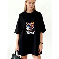 Oversized T-Shirt Dress Black Heart Angel And Devil Print Brand Text Graphic Streetwear Fashion Casual Wear S juoda