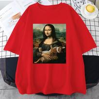 Funny Mona Lisa And Cat Printed TShirt For Unisex Summer Cotton T Shirt Loose Breathable Clothing Street Fashion Casual Short Tees S