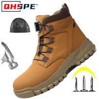 Men's Safety Shoes Rotating Button Men's Boots Anti-smash Anti-puncture Working Shoes with Protection Breathable Work Shoes 38 chaki