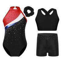Merginų gimnastikos triko komplektas Be rankovių Cirkonio dekoruotas kryžiumi nugaroje liemenė Juosmens diržas Šortai 5-6 Years rožinė