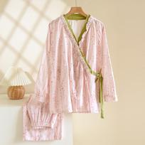 2026 New Spring and Autumn Women's Kimono Set 100% Cotton Gauze Chinese style Cardigan Long Sleeve Loose Simple Pajama Set M