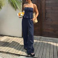 Womens Solid Color Strapless Peplum Top And Wide Leg Pants Two Piece Set S mėlyna