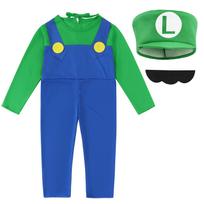 Classic Super Mario Costume for Kids, Party Chili, Role Play, Carnival, Christmas, Halloween, with Hat and Beard, Green, Size S, 3-4 Years S raudona