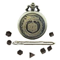 Mini DND kauliukų rinkinys Dragon Graviruotas kišeninis laikrodžio korpuso dėklas su 7 daugiakampiais metaliniais DND kauliukais Retro estetikos žaidimų kauliukų rinkinys, skirtas stalo žaidimams B