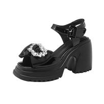 Krazing Pot Cow Leather Peep Toe Thick High Heels Summer Shoes Buckle Straps Casual Butterfly-knot Decoration Women Sandals 34 juoda