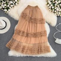 Summer High-Waisted Slim Multi-Layer Ruffled Tutu Skirt Mid-Length Over-The-Knee Elastic Waist Mesh Skirt Women One Size chaki