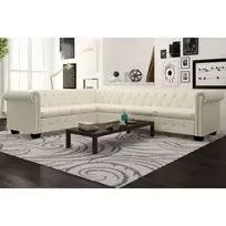 Chesterfield kampinė šešiavietė sofa, dirbtinė oda, balta