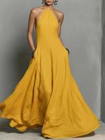 2026 Women's Summer Backless Halter Dress Medium garstyčių geltonos spalvos
