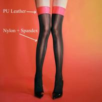 8D Horse Oil Shiny Black Sexy Thigh High Stockings Gothic Punk Pu Leather Patchwork Accessories Women Sexy Party Hosiery M