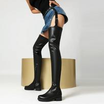 Sexy Women Over The Knee Boots Girls High Heel Boots Pleated Patent Leather Motorcycle Round Toe Zip Shoes 35 juoda