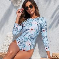 2026 European American Long Sleeve Backless Women's One-Piece Surfing Swimsuit with Sun Protection Double Extra Large mėlyna