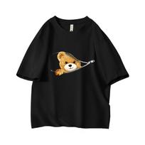 Y2K Cute Peeking Teddy Bear Oversized Short Sleeve O Neck T Shirt Graphic Print 100 Cotton 2000s Women Tops clothes Summer L