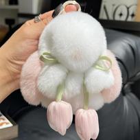 Cute Real Rex Rabbit Fur Keychain Mini Bunny Pendant Women Bag Charm Car Key Ring Ornaments Girl Plush Toy Trinkets Classic Gift
