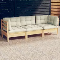 Trivietė sodo sofa su kreminėmis pagalvėlėmis, pušies masyvas