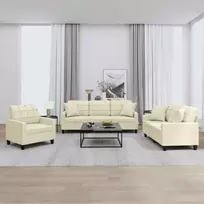 Sofa Sofos komplektas su pagalvėmis, 3 dalių, kreminis, dirbtinė oda