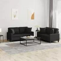 Sofa Sofos komplektas su pagalvėmis, 2 dalių, juodas, dirbtinė oda