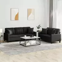 Sofa Sofos komplektas su pagalvėmis, 2 dalių, juodas, dirbtinė oda