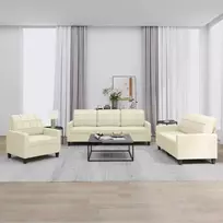 Sofa Sofos komplektas su pagalvėmis, 3 dalių, kreminis, dirbtinė oda