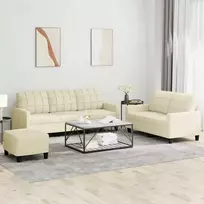 Sofa Sofos komplektas su pagalvėmis, 3 dalių, kreminis, dirbtinė oda