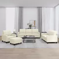 Sofa Sofos komplektas su pagalvėmis, 4 dalių, kreminis, dirbtinė oda