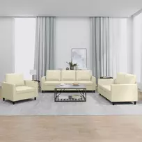 Sofa Sofos komplektas su pagalvėmis, 3 dalių, kreminis, dirbtinė oda