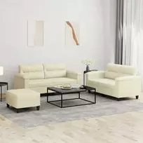 Sofa Sofos komplektas su pagalvėmis, 3 dalių, kreminis, dirbtinė oda