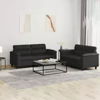 Sofa Sofos komplektas su pagalvėlėmis, 2 dalių, juodas, dirbtinė oda