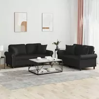 Sofa Sofos komplektas su pagalvėmis, 2 dalių, juodas, dirbtinė oda