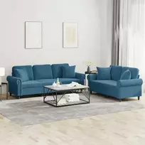 Sofa Sofos komplektas su pagalvėmis, 2 dalių, mėlynas, aksomas
