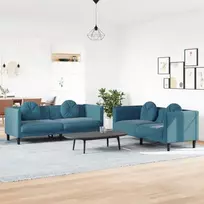 Sofa Sofos komplektas su pagalvėmis, 2 dalių, mėlynas, aksomas