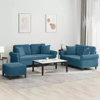 Sofa Sofos komplektas su pagalvėmis, 3 dalių, mėlynas, aksomas