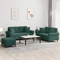 Sofa Sofos komplektas su pagalvėmis, 3 dalių, žalias, aksomas