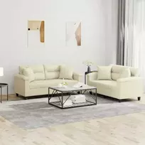 Sofa Sofos komplektas su pagalvėmis, 2 dalių, kreminis, dirbtinė oda