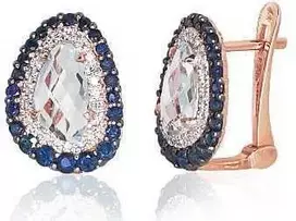 Auksiniai auskarai anglišku užsegimu, Raudonas Auksas, Briliantai , Safyras , Mėlynas topazas,Briliantai , Rubinas , Ametistas - 3.21 g. - 14 mm. - Briliantai (0,132Ct), Safyras (0,771Ct), Mėlynas topazas (2,7Ct)