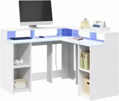 Rašomasis stalas su LED apšvietimu, baltas, 130x130x91cm