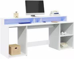 Rašomasis stalas su LED apšvietimu, baltas, 200x55x91cm