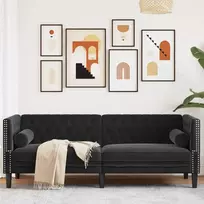 Trivietė chesterfield sofa su pagalvėlėmis, juoda, aksomas