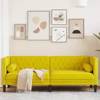 Trivietė chesterfield sofa su pagalvėlėmis, geltona, aksomas