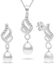 Brilio Silver Elegantiškas papuošalų rinkinys su cirkoniais ir perlais SET267W (karoliai, pakabukas, auskarai)