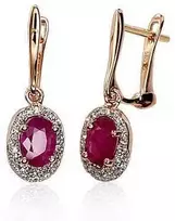 Auksiniai auskarai anglišku užsegimu, Raudonas Auksas, Briliantai , Rubinas - 1.95 g. - 21 mm. - Briliantai (0,148Ct), Rubinas (0,904Ct)